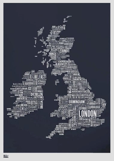 Map - UK and Ireland Type In Slate Unframed