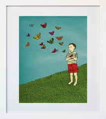 Boy Releases Butterflies White Frame