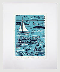 Lino Print - Curious Seals - White Box Frame