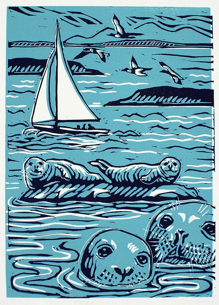 Lino Print - Curious Seals