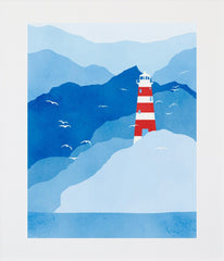 Lighthouse In Blue And Red Unframed