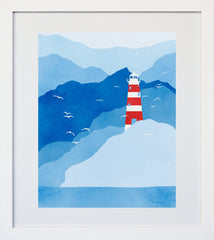 Lighthouse In Blue And Red White Frame