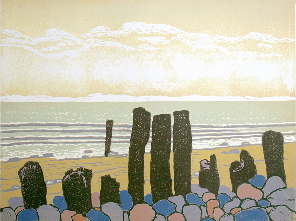 Linocut Print - Co Down Old Breakwaters 2010