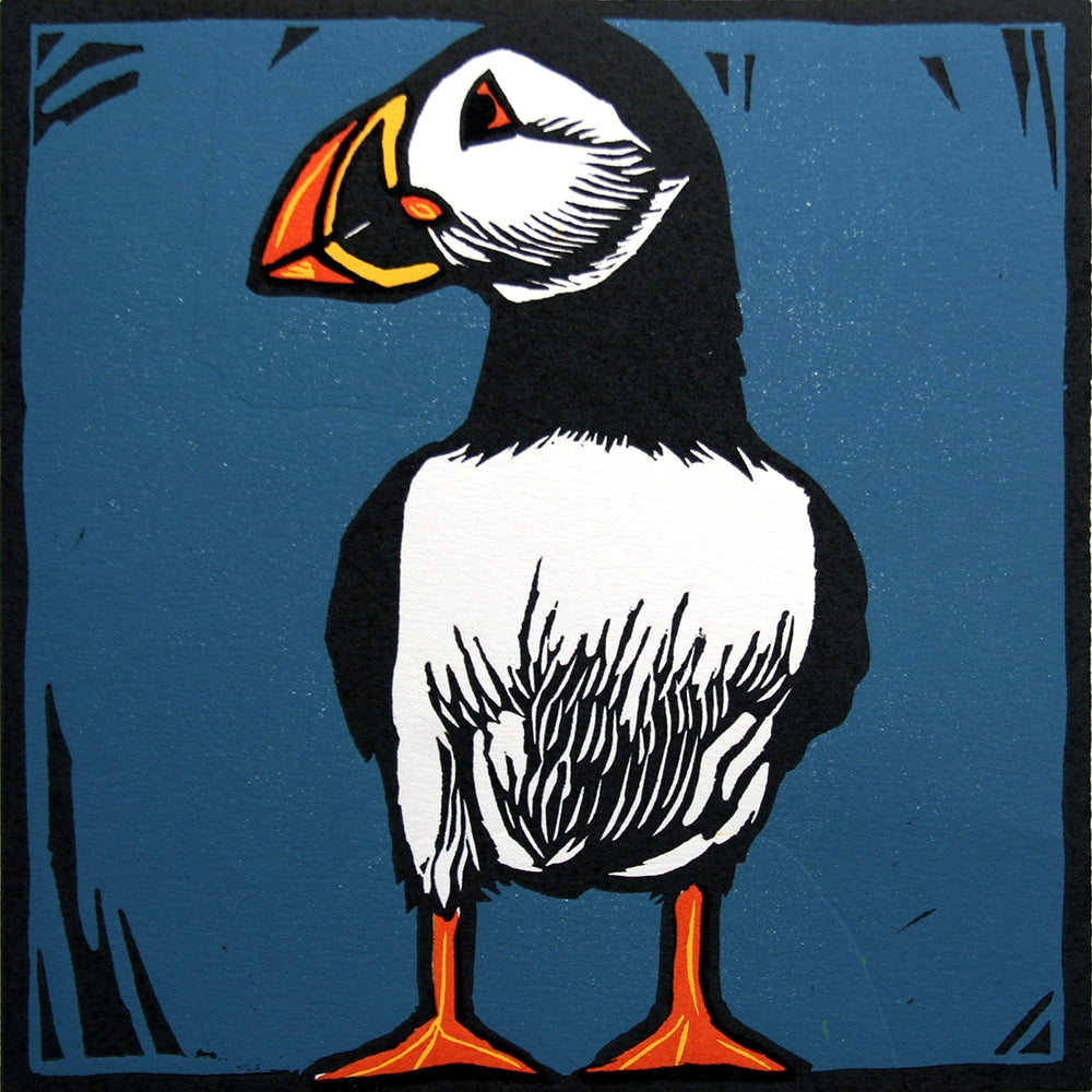 Lino Print - Puffin On Guard