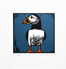 Lino Print - Puffin On Guard Unframed