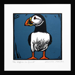 Lino Print - Puffin On Guard Black Frame