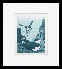 Lino Print - Puffins On A Cliff Black Frame