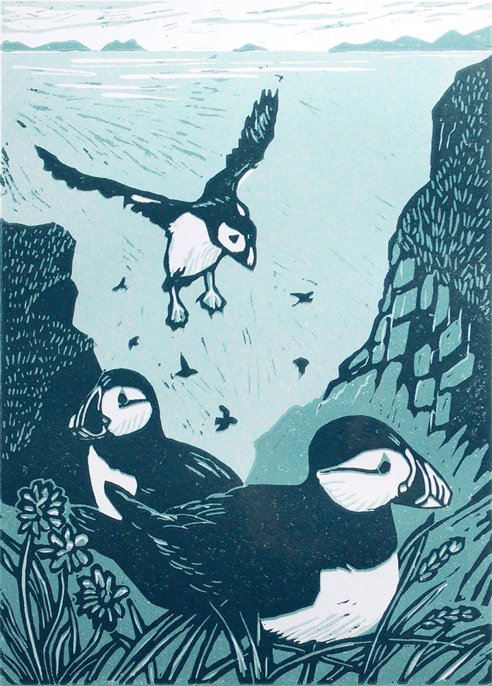 Lino Print - Puffins On A Cliff