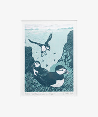 Lino Print - Puffins On A Cliff Unframed