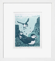 Lino Print - Puffins On A Cliff White Frame