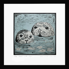 Lino Print - Seal With Pup Black Frame