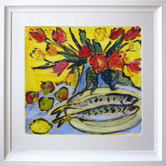 Print - Two Mackerel With Tulips And Apples Chunky White Frame