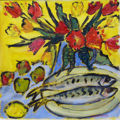 Print - Two Mackerel With Tulips And Apples Unframed